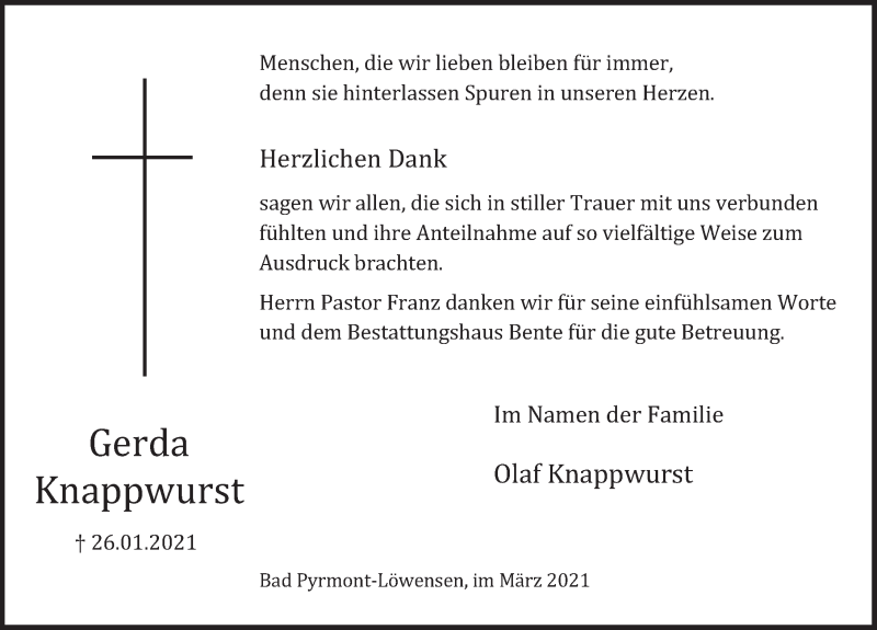  Traueranzeige für Gerda Knappwurst vom 06.03.2021 aus Deister- und Weserzeitung