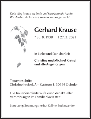 Traueranzeige von Gerhard Krause von Deister- und Weserzeitung