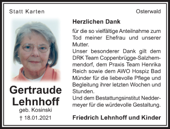 Traueranzeige von Gertraude Lehnhoff von Deister- und Weserzeitung