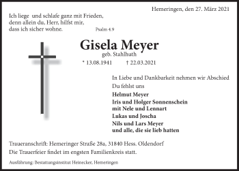 Traueranzeige von Gisela Meyer von Deister- und Weserzeitung