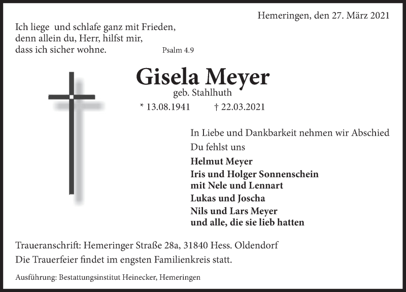  Traueranzeige für Gisela Meyer vom 27.03.2021 aus Deister- und Weserzeitung