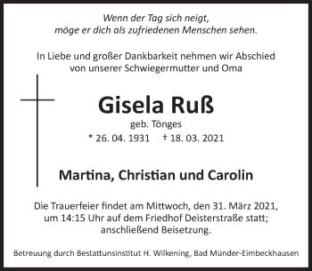 Traueranzeige von Gisela Ruß von Deister- und Weserzeitung
