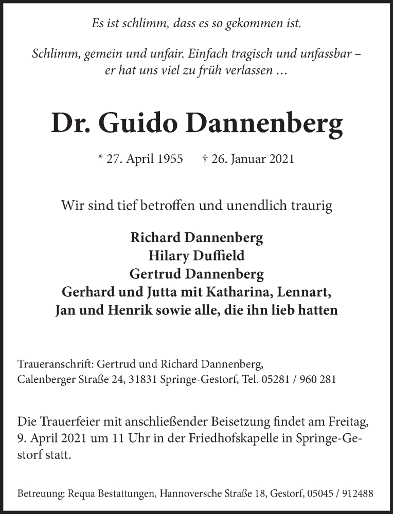  Traueranzeige für Guido Dannenberg vom 03.04.2021 aus Neue Deister-Zeitung
