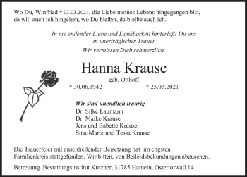 Traueranzeige von Hanna Krause von Deister- und Weserzeitung