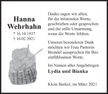 Traueranzeige von Hanna Wehrhahn von Deister- und Weserzeitung
