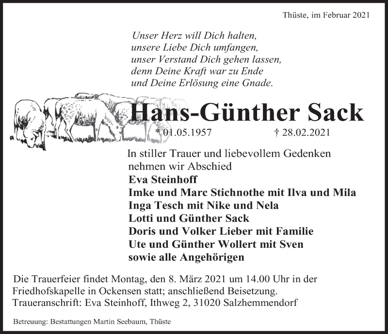  Traueranzeige für Hans-Günther Sack vom 06.03.2021 aus Deister- und Weserzeitung