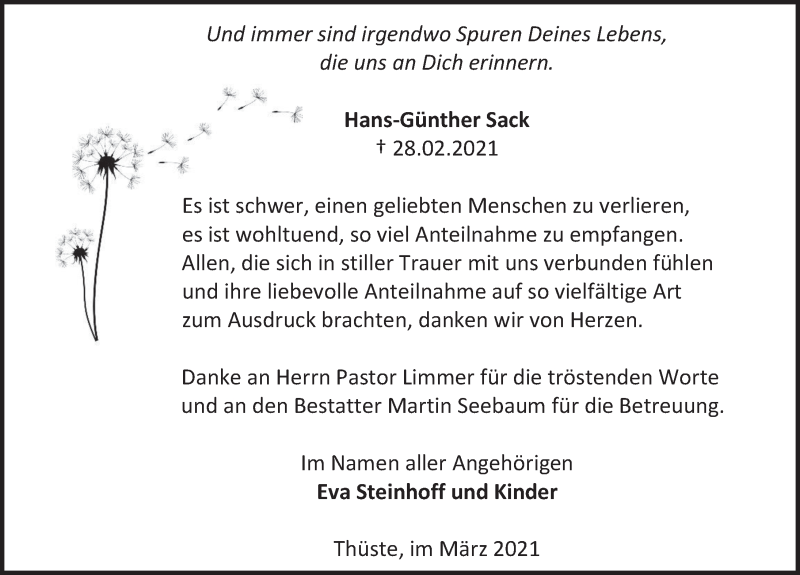  Traueranzeige für Hans-Günther Sack vom 03.04.2021 aus Deister- und Weserzeitung