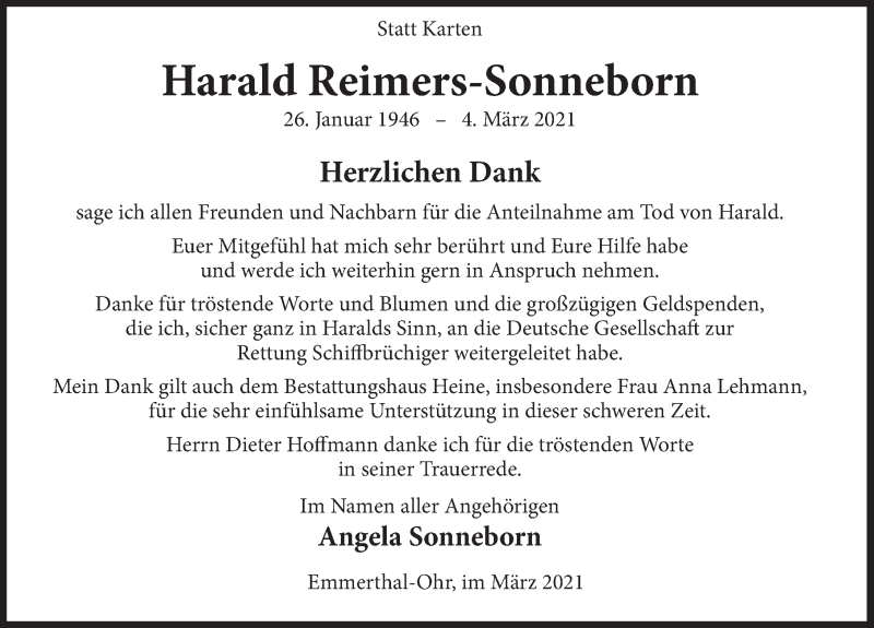 Traueranzeige für Harald Reimers-Sonneborn vom 27.03.2021 aus Deister- und Weserzeitung