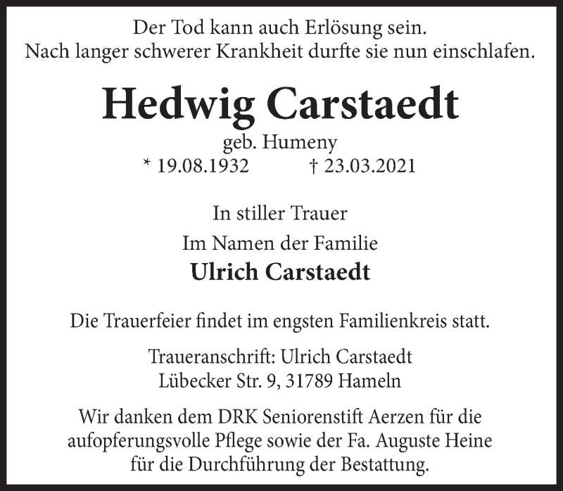  Traueranzeige für Hedwig Carstaedt vom 27.03.2021 aus Deister- und Weserzeitung