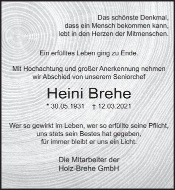 Traueranzeige von Heini Brehe von Neue Deister-Zeitung