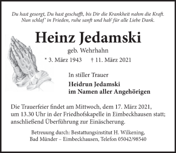 Traueranzeige von Heinz Jedamski von Neue Deister-Zeitung