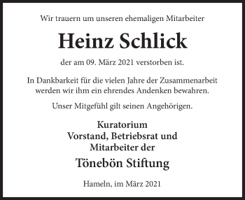 Traueranzeige von Heinz Schlick von Deister- und Weserzeitung