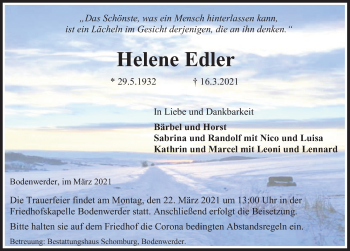 Traueranzeige von Helene Edler von Deister- und Weserzeitung