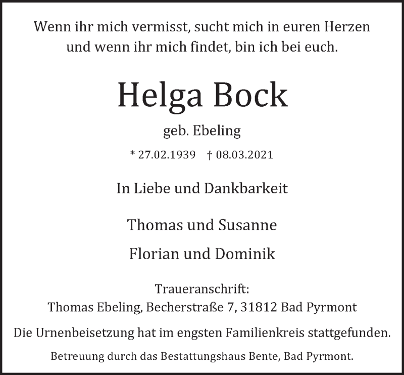  Traueranzeige für Helga Bock vom 27.03.2021 aus Deister- und Weserzeitung