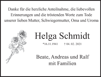 Traueranzeige von Helga Schmidt von Deister- und Weserzeitung