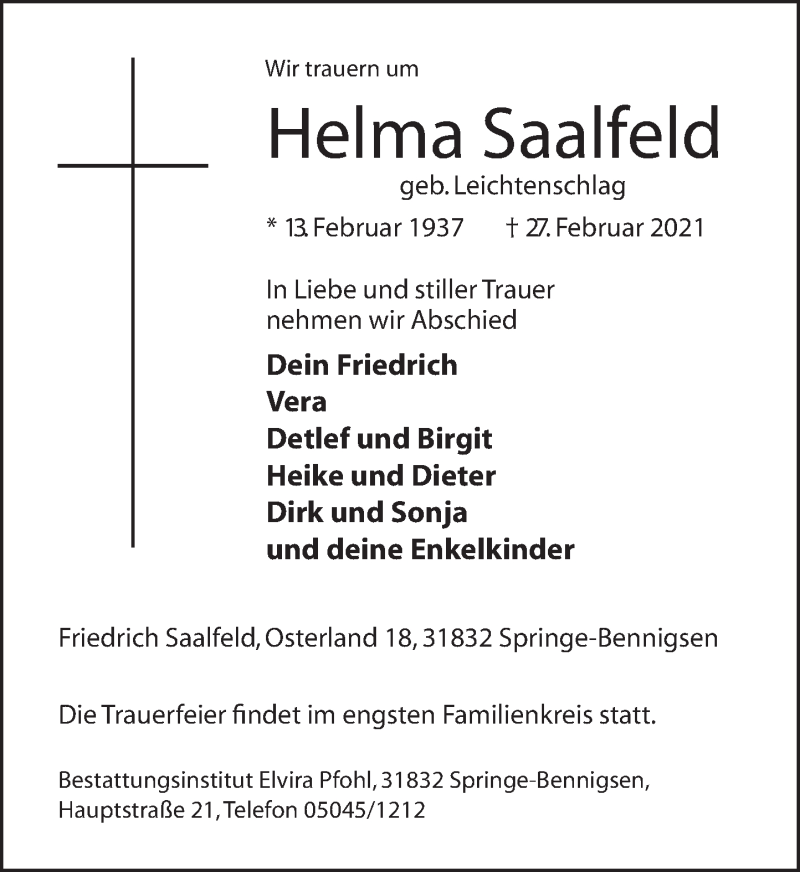  Traueranzeige für Helma Saalfeld vom 06.03.2021 aus Neue Deister-Zeitung