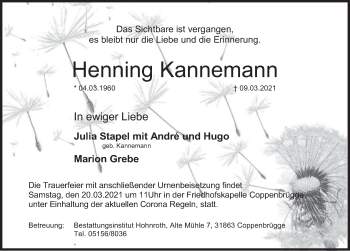 Traueranzeige von Henning Kannemann von Deister- und Weserzeitung