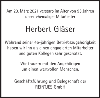 Traueranzeige von Herbert Gläser von Deister- und Weserzeitung