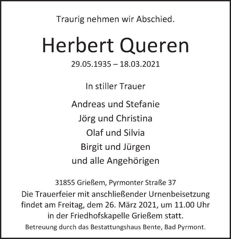  Traueranzeige für Herbert Queren vom 22.03.2021 aus Deister- und Weserzeitung