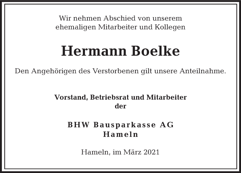  Traueranzeige für Hermann Boelke vom 18.03.2021 aus Deister- und Weserzeitung