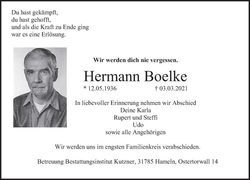  Traueranzeige für Hermann Boelke vom 06.03.2021 aus Deister- und Weserzeitung