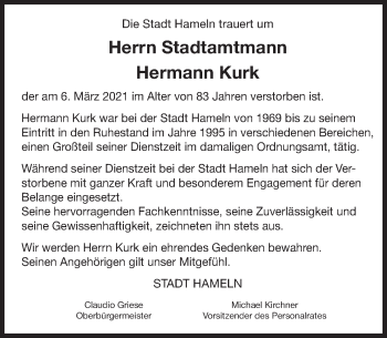 Traueranzeige von Hermann Kurk von Deister- und Weserzeitung