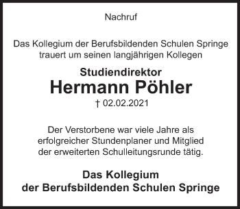 Traueranzeige von Hermann Pöhler von Deister- und Weserzeitung