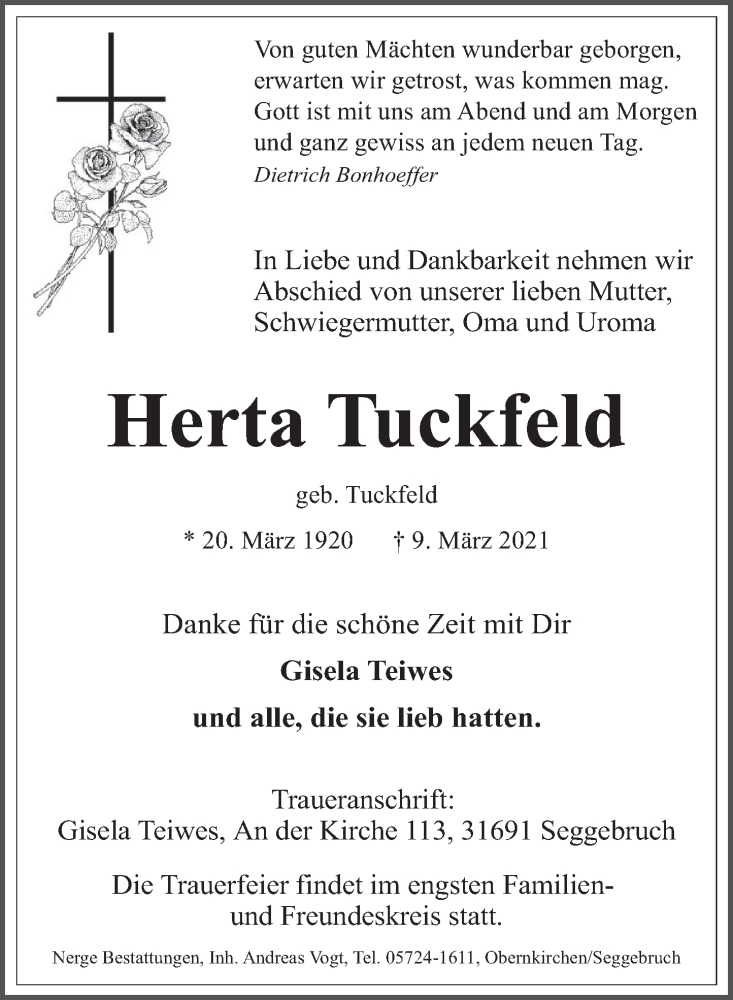  Traueranzeige für Herta Tuckfeld vom 13.03.2021 aus Deister- und Weserzeitung