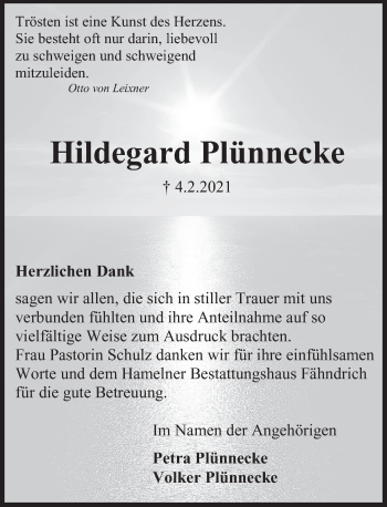 Traueranzeige von Hildegard Plünnecke von Deister- und Weserzeitung
