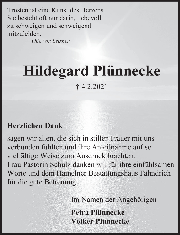  Traueranzeige für Hildegard Plünnecke vom 13.03.2021 aus Deister- und Weserzeitung