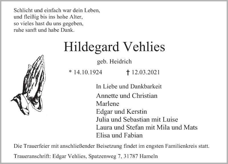  Traueranzeige für Hildegard Vehlies vom 20.03.2021 aus Deister- und Weserzeitung