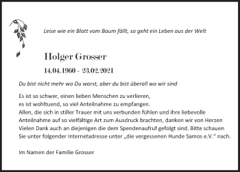Traueranzeige von Holger Grosser von Deister- und Weserzeitung