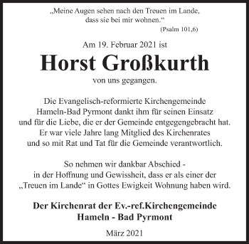 Traueranzeige von Horst Großkurth von Deister- und Weserzeitung