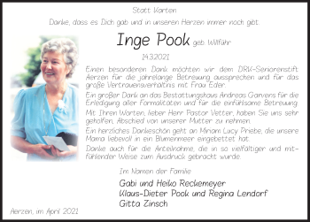 Traueranzeige von Inge Pook von Deister- und Weserzeitung