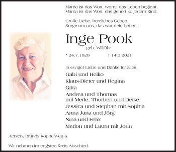 Traueranzeige von Inge Pook von Deister- und Weserzeitung