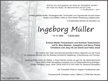 Traueranzeige von Ingeborg Müller von Deister- und Weserzeitung