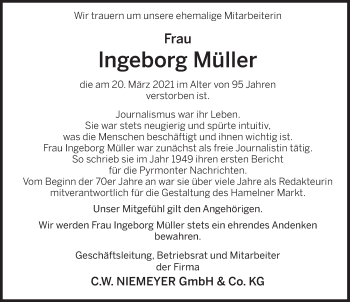 Traueranzeige von Ingeborg Müller von Deister- und Weserzeitung