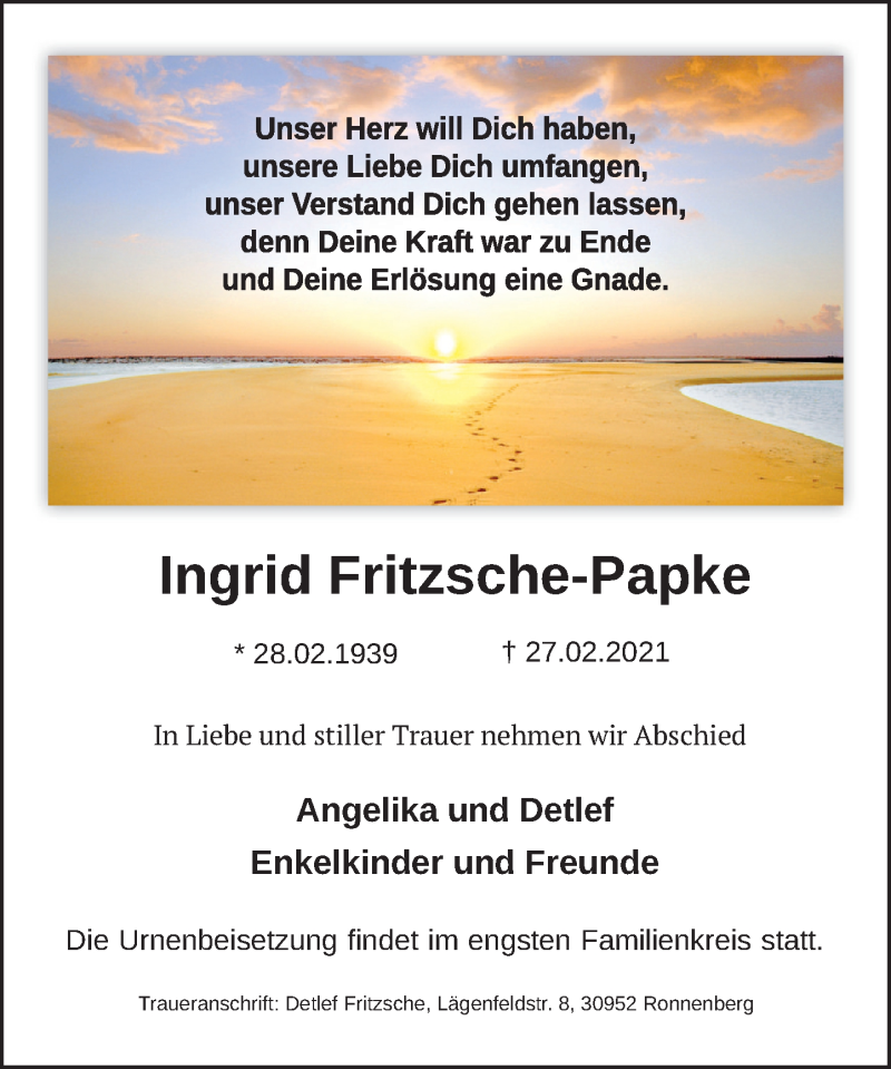  Traueranzeige für Ingrid Fritzsche-Papke vom 13.03.2021 aus Neue Deister-Zeitung