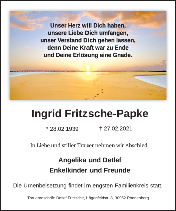 Traueranzeige von Ingrid Fritzsche-Papke von Neue Deister-Zeitung