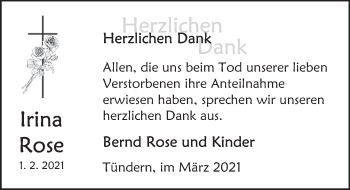 Traueranzeige von Irina Rose von Deister- und Weserzeitung
