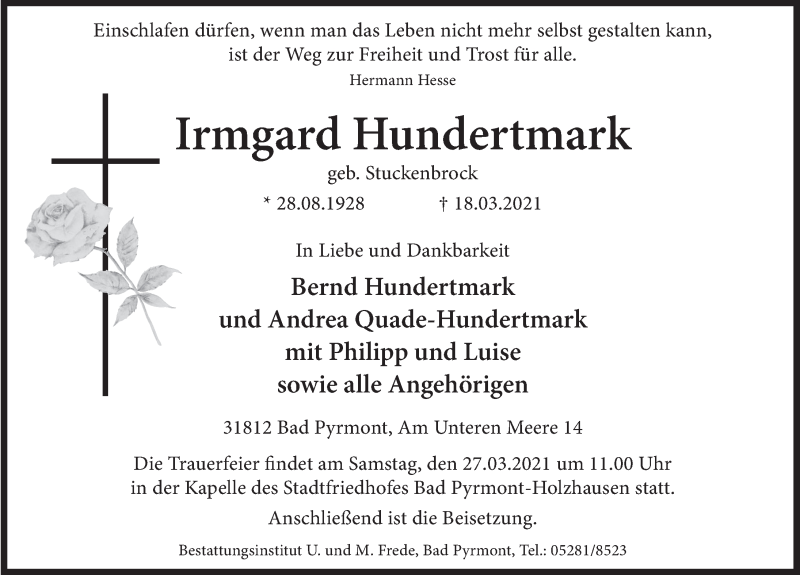  Traueranzeige für Irmgard Hundertmark vom 24.03.2021 aus Deister- und Weserzeitung
