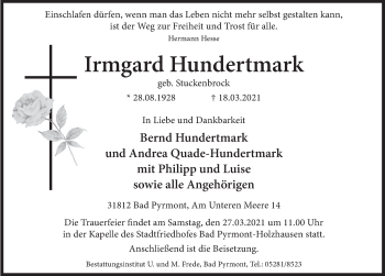 Traueranzeige von Irmgard Hundertmark von Deister- und Weserzeitung
