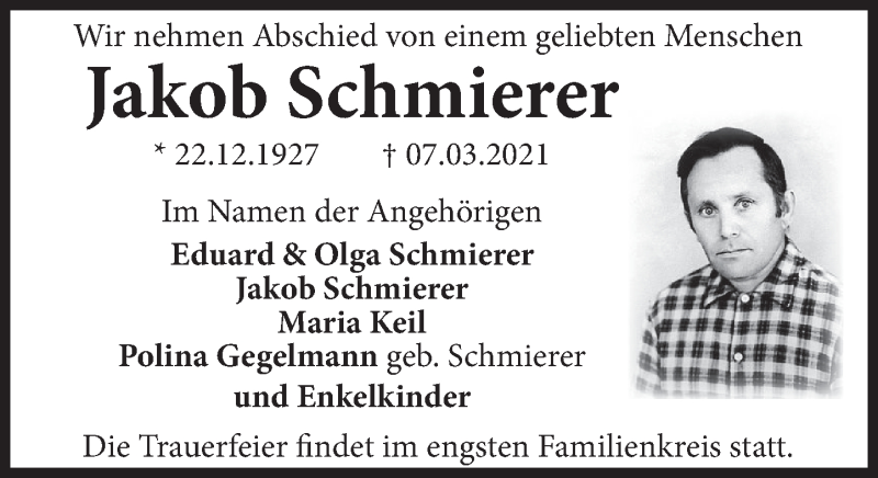  Traueranzeige für Jakob Schmierer vom 12.03.2021 aus Deister- und Weserzeitung