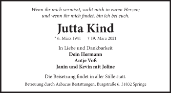 Traueranzeige von Jutta Kind von Neue Deister-Zeitung