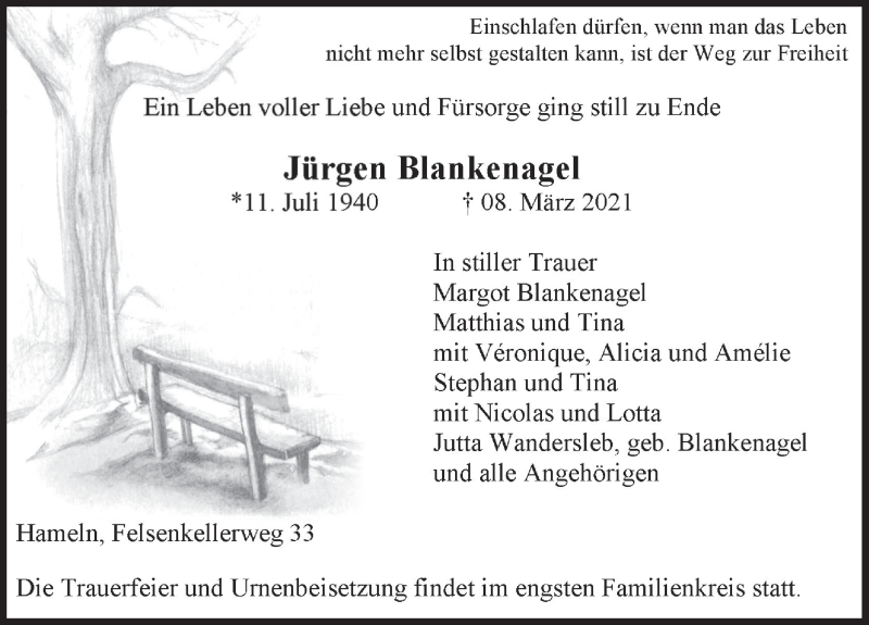  Traueranzeige für Jürgen Blankenagel vom 13.03.2021 aus Deister- und Weserzeitung