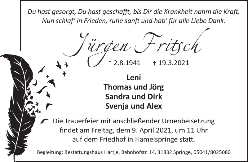  Traueranzeige für Jürgen Fritsch vom 27.03.2021 aus Neue Deister-Zeitung