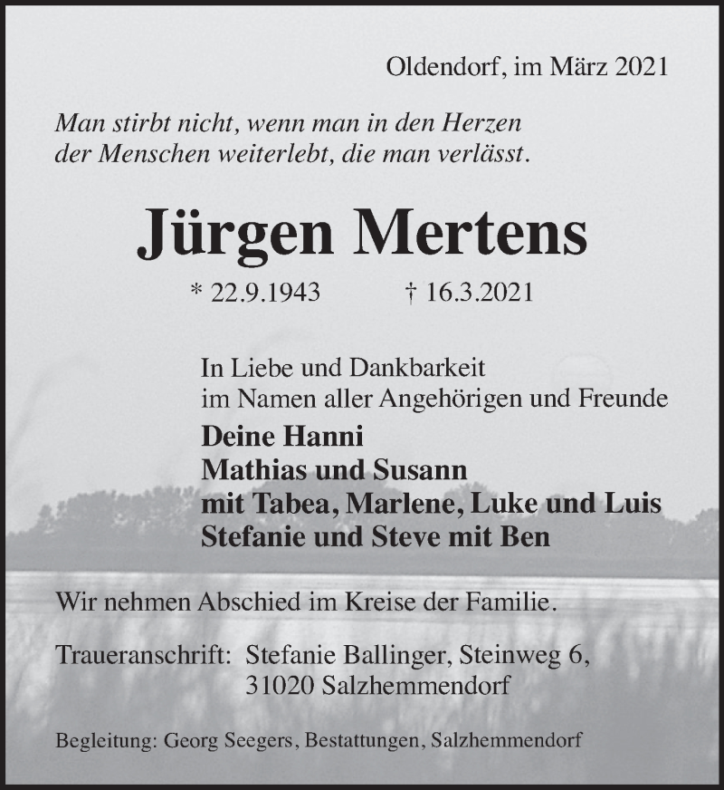  Traueranzeige für Jürgen Mertens vom 20.03.2021 aus Deister- und Weserzeitung