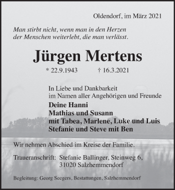Traueranzeige von Jürgen Mertens von Deister- und Weserzeitung