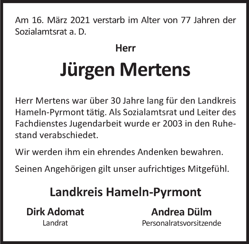  Traueranzeige für Jürgen Mertens vom 27.03.2021 aus Deister- und Weserzeitung
