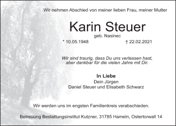 Traueranzeige von Karin Steuer von Deister- und Weserzeitung